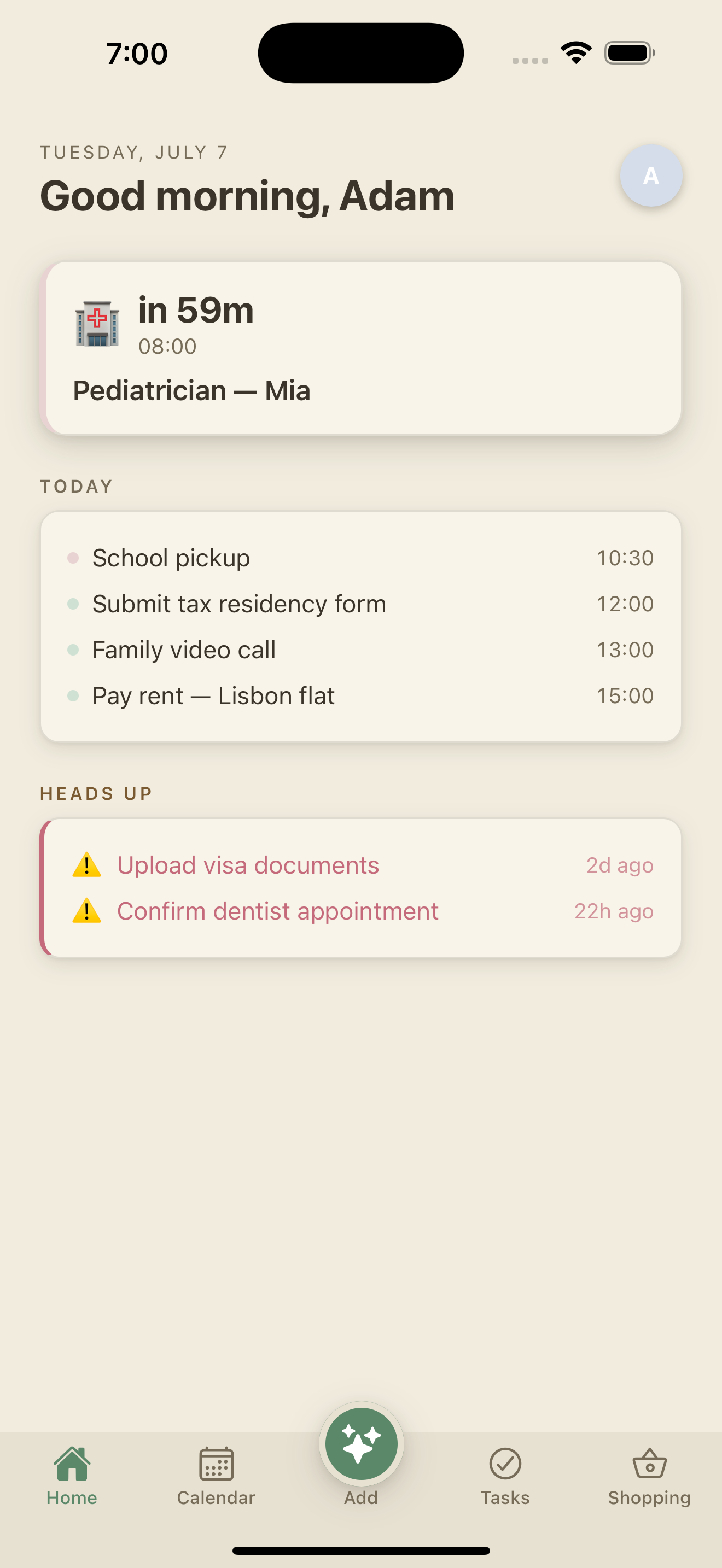 Somiya home screen — what's next for your family today: a pediatrician appointment, today's tasks and overdue reminders